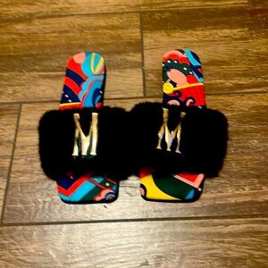Colorful furry M letter slide sandals. Size 10 never worn no tags brand new.